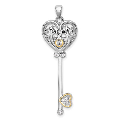 Sterling Silver Rh-Pl w/Silver/14K Two-Tone Accent Polished CZ Fancy Heart Key Pendant