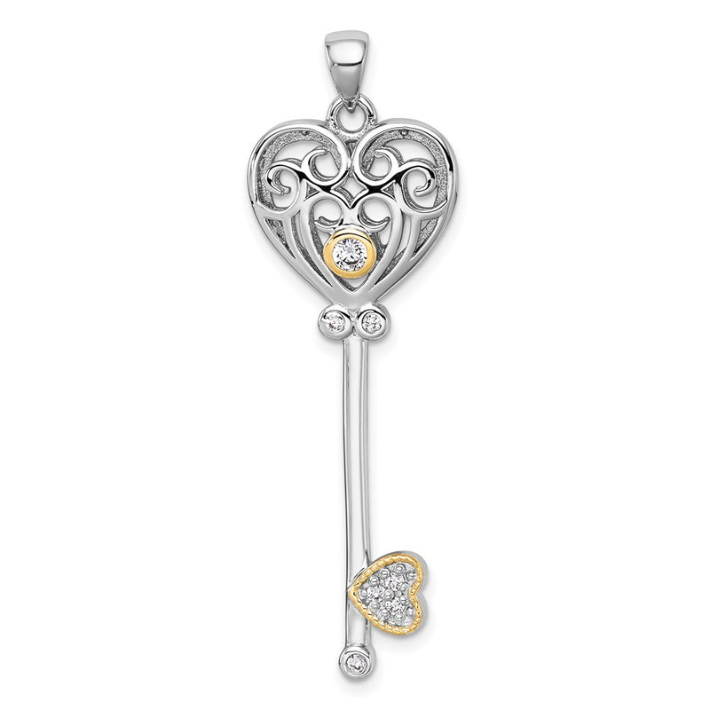 Sterling Silver Rh-Pl w/Silver/14K Two-Tone Accent Polished CZ Fancy Heart Key Pendant