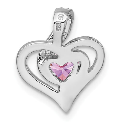 Sterling Silver Rhodium Plated Polished Pink/white CZ Heart Chain Slide Pendant