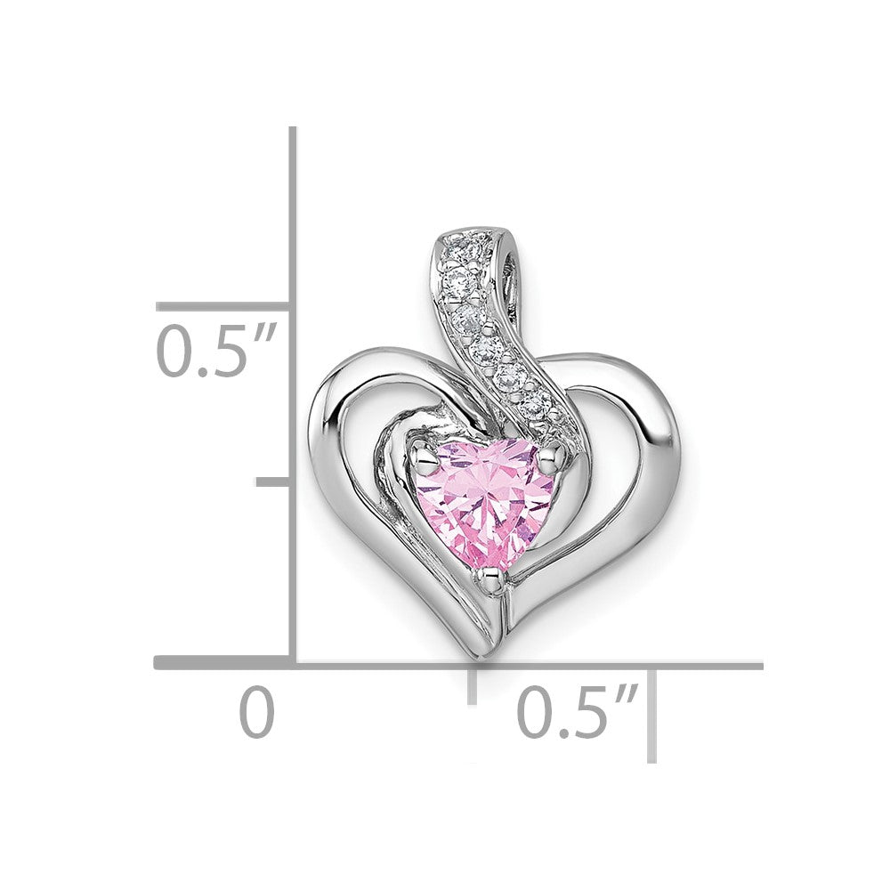 Sterling Silver Rhodium Plated Polished Pink/white CZ Heart Chain Slide Pendant