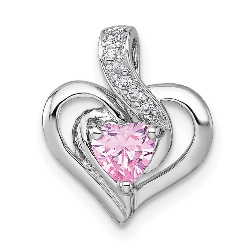 Sterling Silver Rhodium Plated Polished Pink/white CZ Heart Chain Slide Pendant