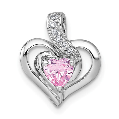 Sterling Silver Rhodium Plated Polished Pink/white CZ Heart Chain Slide Pendant