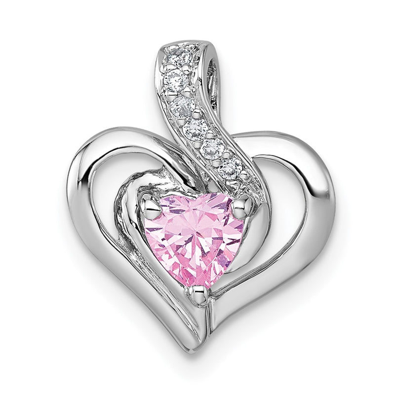 Sterling Silver Rhodium Plated Polished Pink/white CZ Heart Chain Slide Pendant