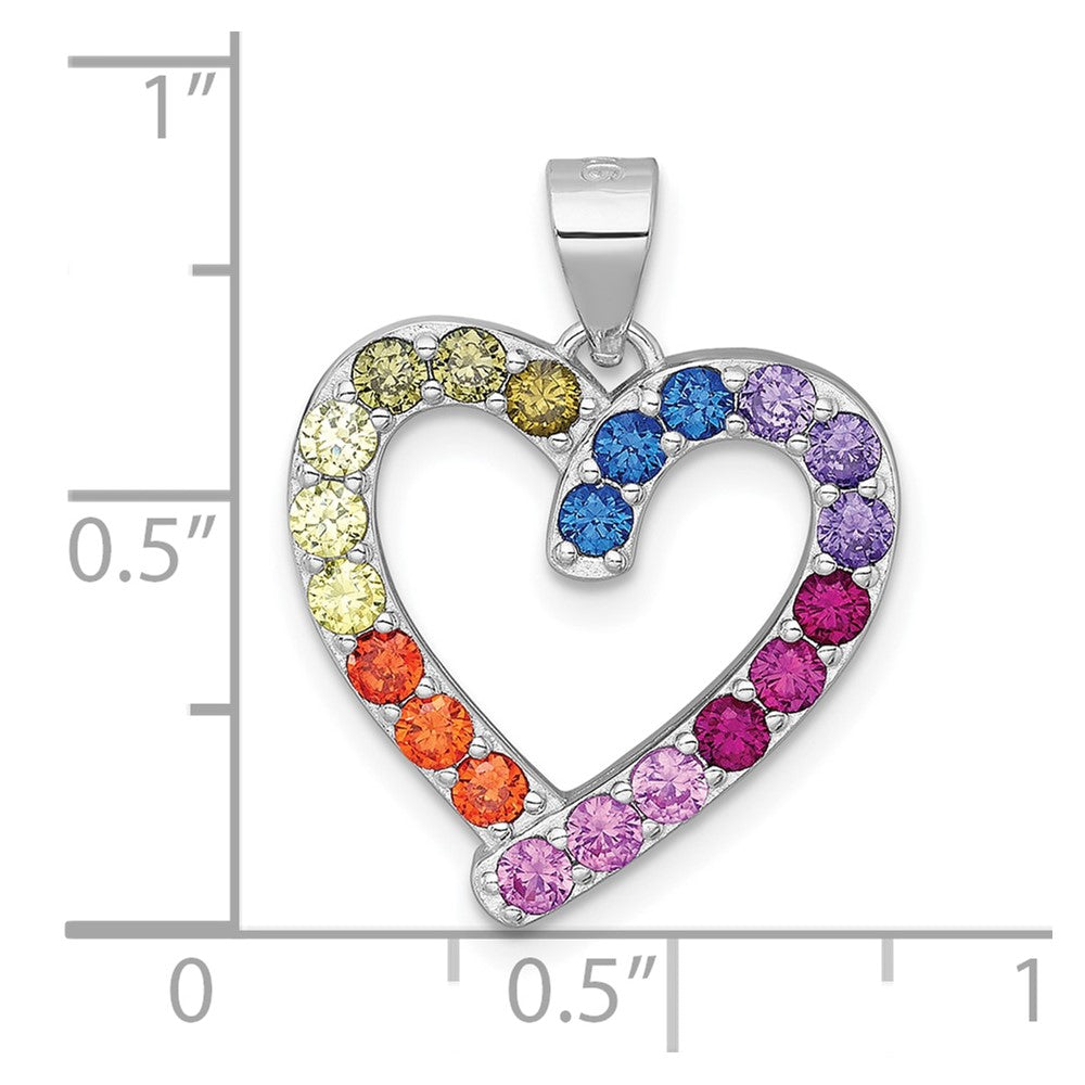 Sterling Silver Rhodium Plated Polished Multicolor CZ Open Heart Pendant