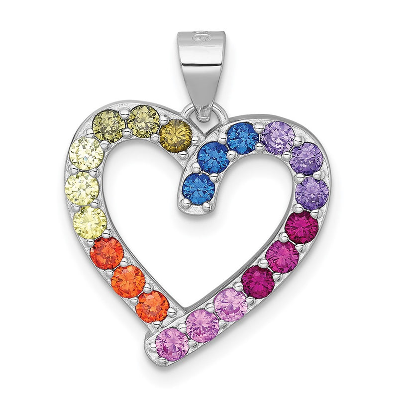 Sterling Silver Rhodium Plated Polished Multicolor CZ Open Heart Pendant