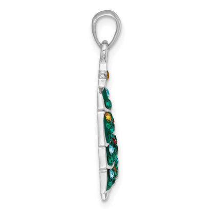 Sterling Silver Rhodium-Plated Multi Color Crystal Christmas Tree Charm
