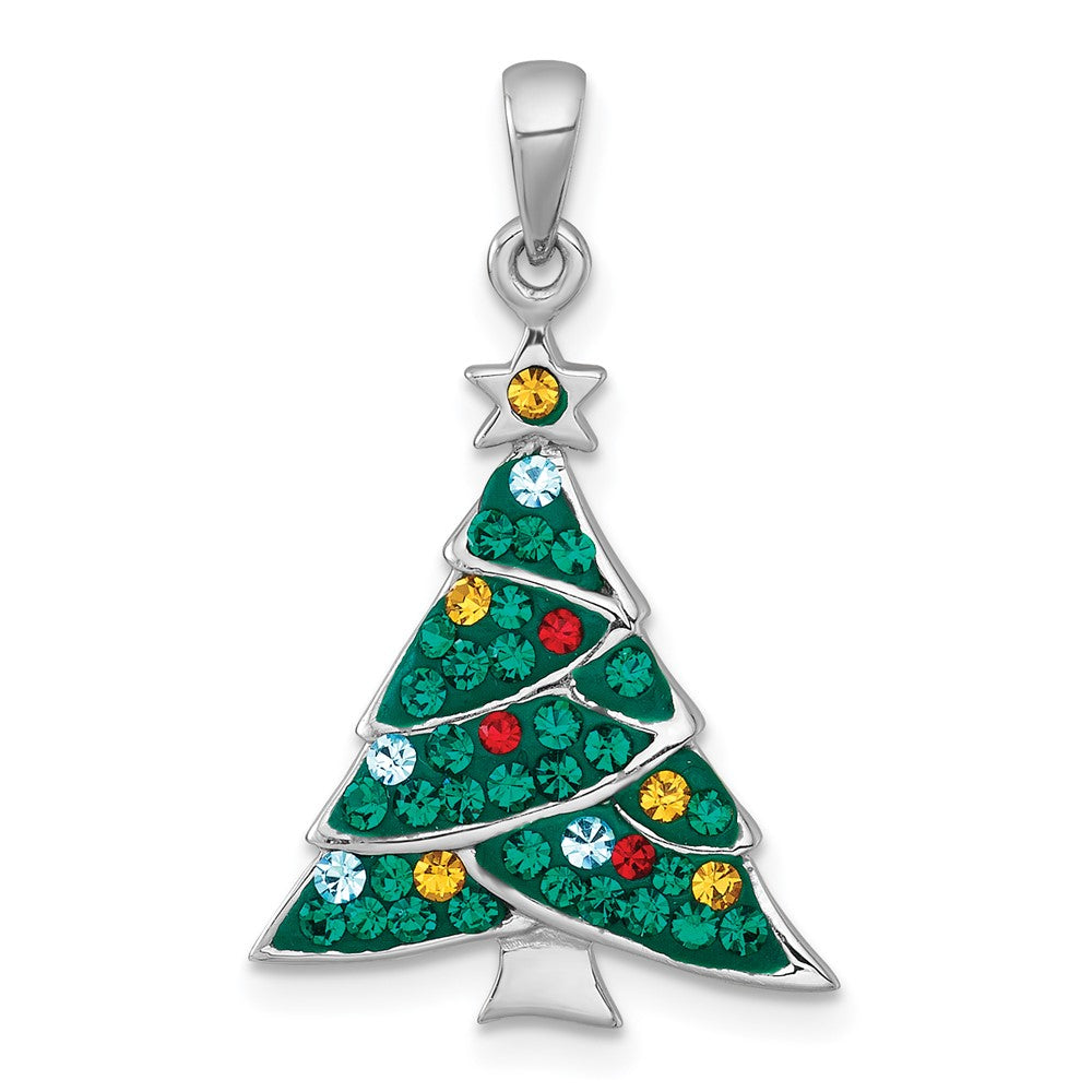 Sterling Silver Rhodium-Plated Multi Color Crystal Christmas Tree Charm