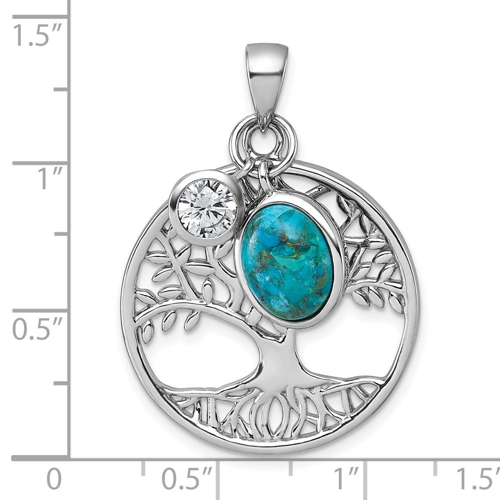 Sterling Silver Rh-Plat CZ / Reconstructed Turquoise Tree of Life Pendant