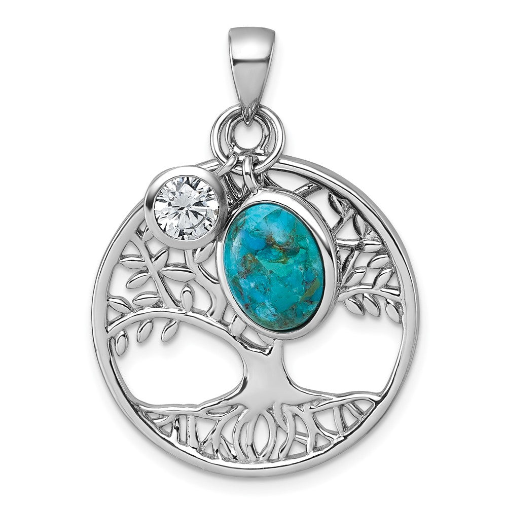 Sterling Silver Rh-Plat CZ / Reconstructed Turquoise Tree of Life Pendant
