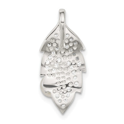 Sterling Silver Polished CZ and Acrylic Pearl Leaf Chain Slide Pendant