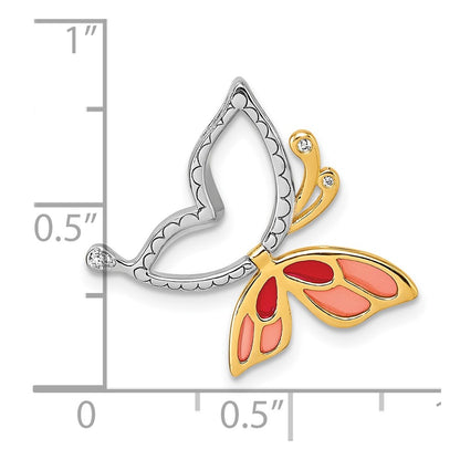 Sterling Silver Rh-Plt Gold-Tone Enamel CZ Moveable Butterfly Chain Slide Pendant