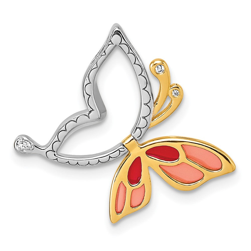 Sterling Silver Rh-Plt Gold-Tone Enamel CZ Moveable Butterfly Chain Slide Pendant