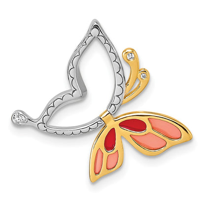 Sterling Silver Rh-Plt Gold-Tone Enamel CZ Moveable Butterfly Chain Slide Pendant