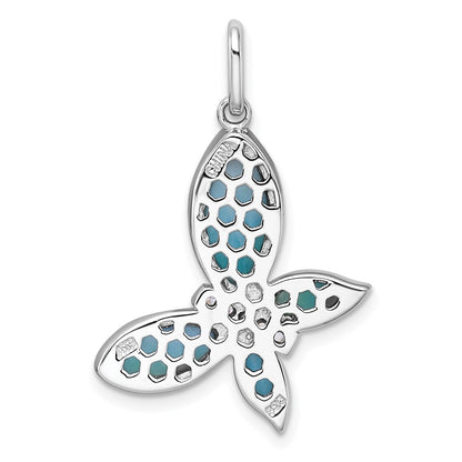 Sterling Silver Rh-Pl Polished Larimar and CZ Butterfly Pendant
