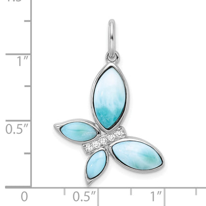 Sterling Silver Rh-Pl Polished Larimar and CZ Butterfly Pendant