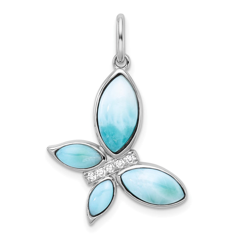 Sterling Silver Rh-Pl Polished Larimar and CZ Butterfly Pendant