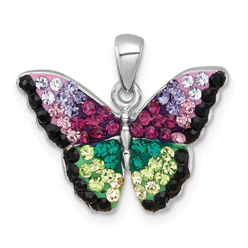 Sterling Silver Rhodium Plated Multi Color Crystal Butterfly Pendant