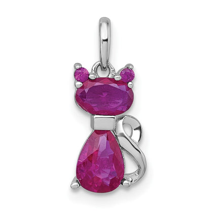 Sterling Silver Rhodium-Plated Ruby Corundum Cat Pendant