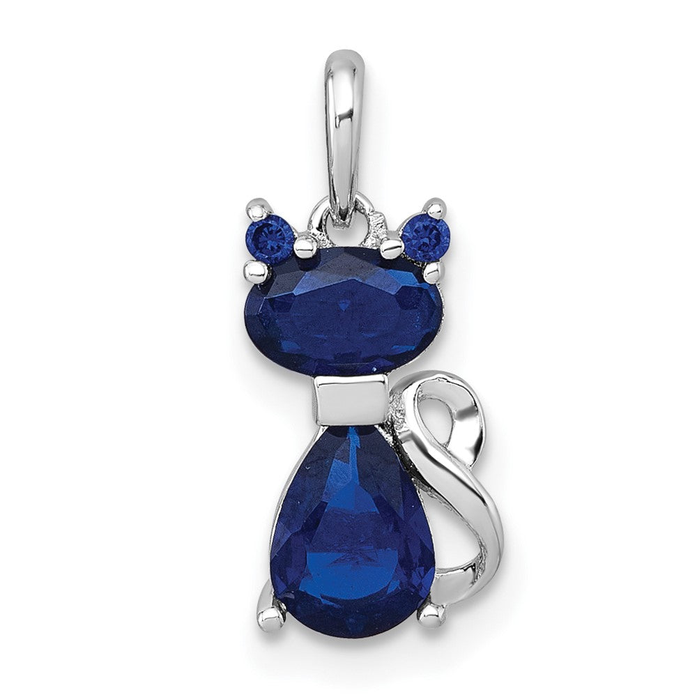 Sterling Silver Rhodium-Plated Lab Created Sapphire Cat Pendant