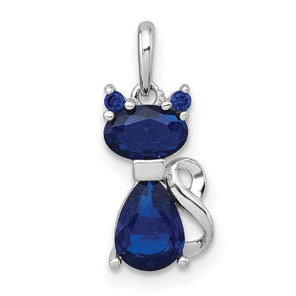 Sterling Silver Rhodium-Plated Lab Created Sapphire Cat Pendant