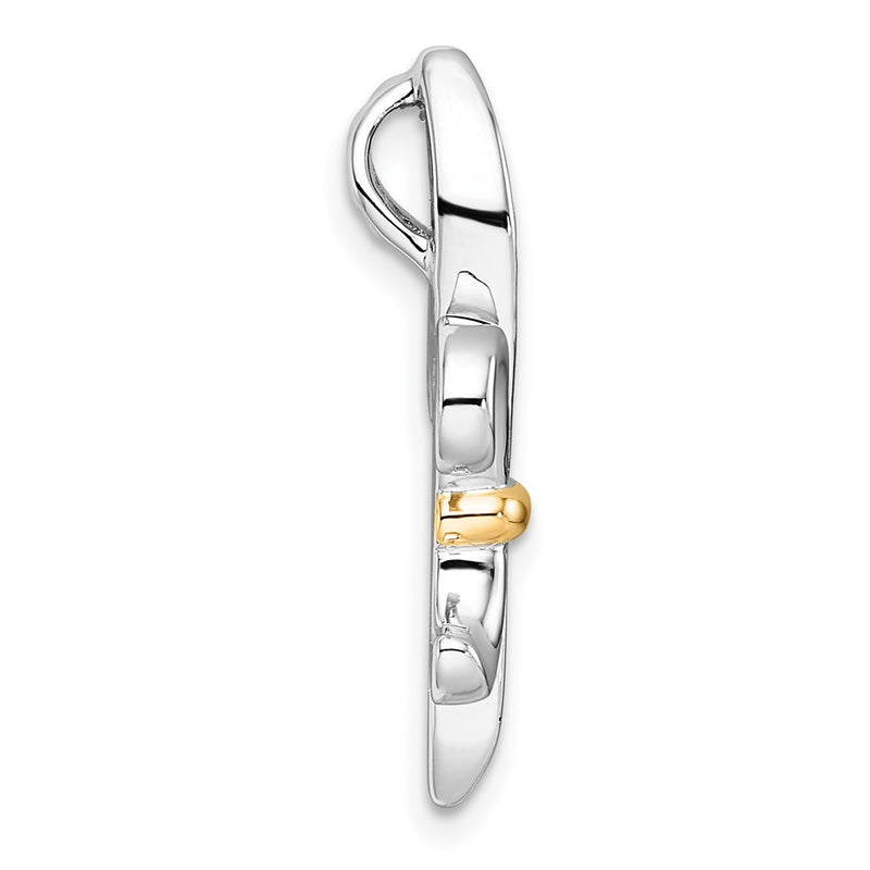 Sterling Silver Rh-Pl w/Silver/14K Two-Tone Accent CZ Fleur De Lis Chain Slide Pendant