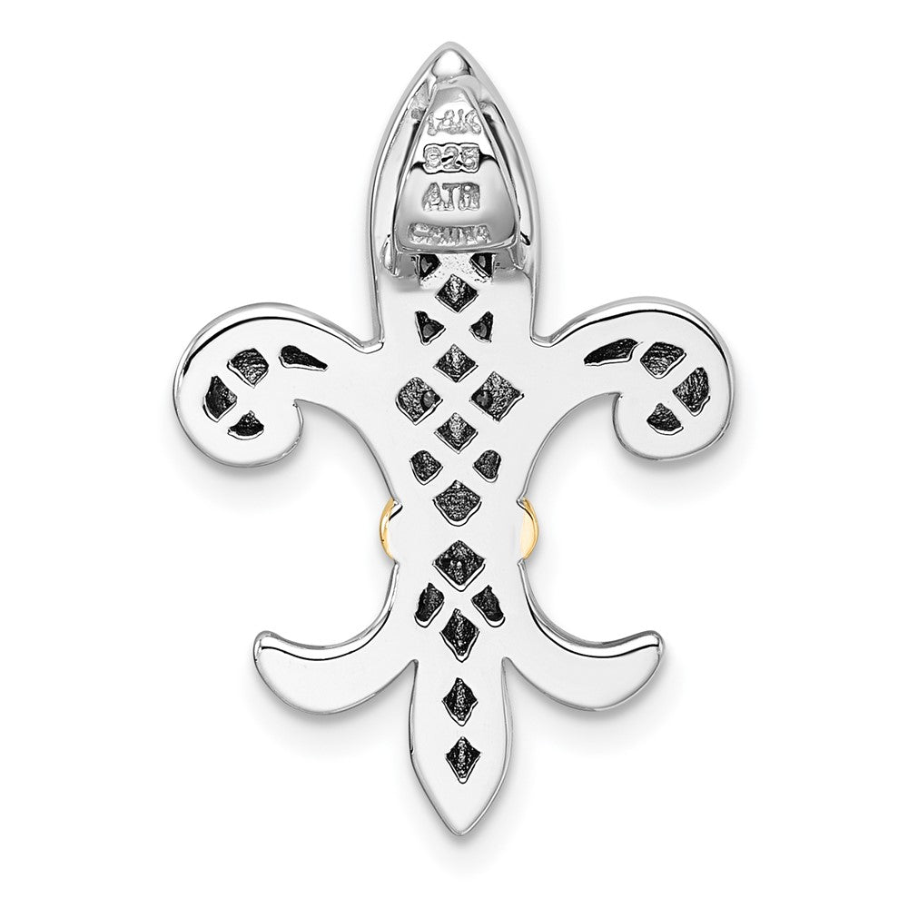 Sterling Silver Rh-Pl w/Silver/14K Two-Tone Accent CZ Fleur De Lis Chain Slide Pendant