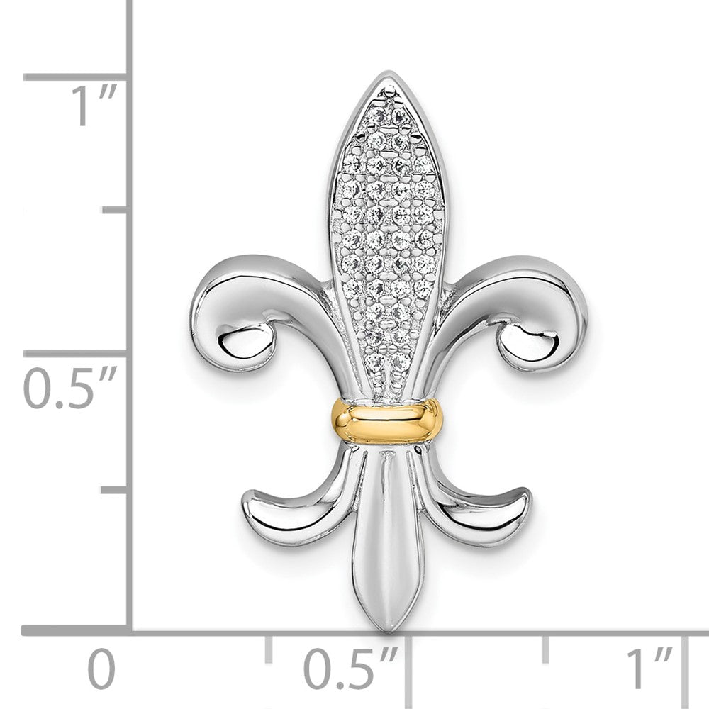 Sterling Silver Rh-Pl w/Silver/14K Two-Tone Accent CZ Fleur De Lis Chain Slide Pendant