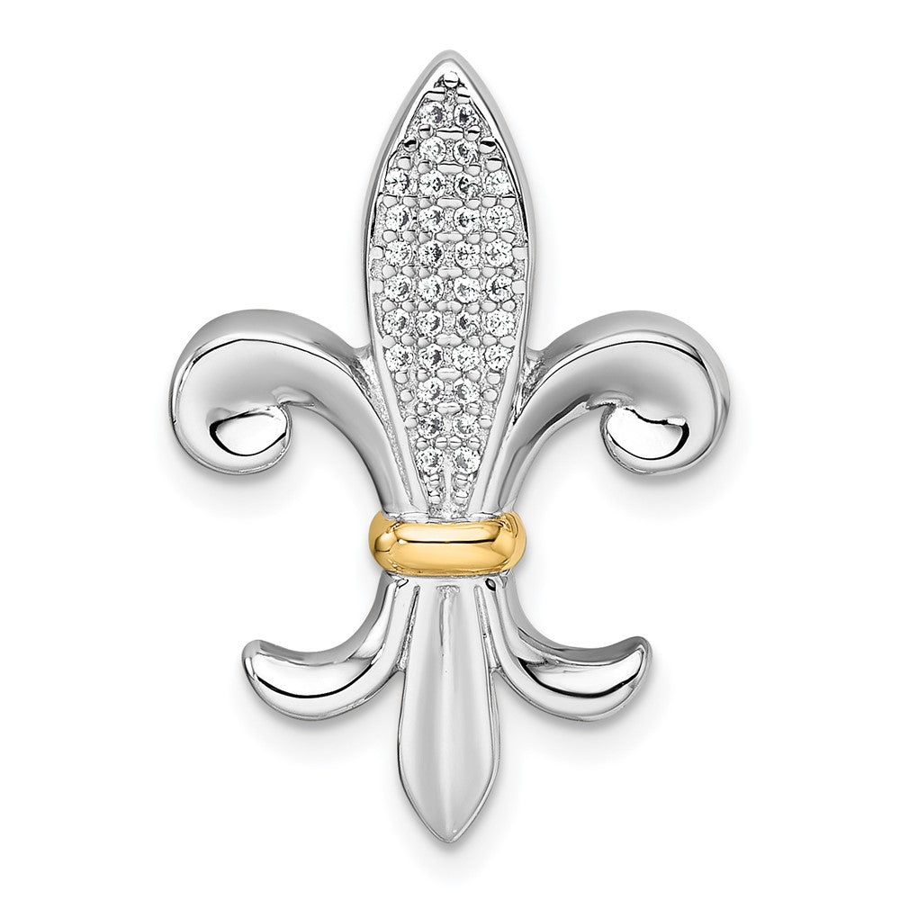 Sterling Silver Rh-Pl w/Silver/14K Two-Tone Accent CZ Fleur De Lis Chain Slide Pendant