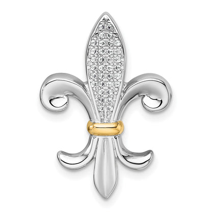 Sterling Silver Rh-Pl w/Silver/14K Two-Tone Accent CZ Fleur De Lis Chain Slide Pendant