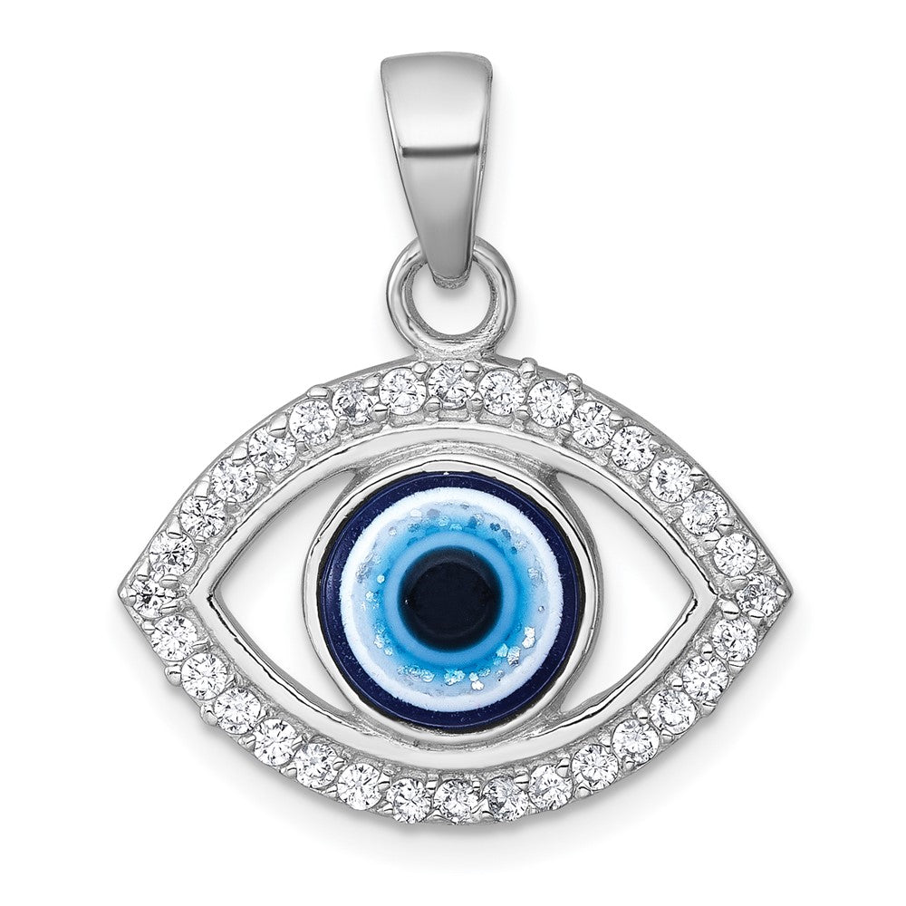 Sterling Silver Rhodium-Plated Polished CZ and Glass Evil Eye Pendant