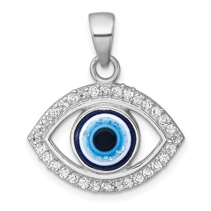 Sterling Silver Rhodium-Plated Polished CZ and Glass Evil Eye Pendant