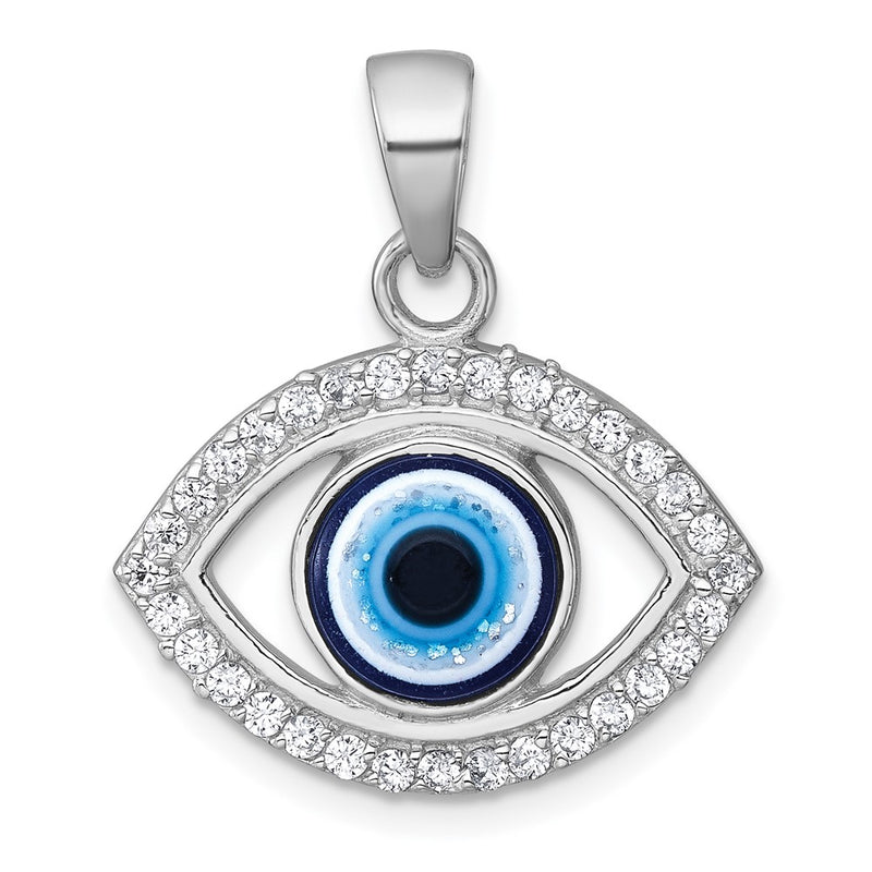 Sterling Silver Rhodium-Plated Polished CZ and Glass Evil Eye Pendant