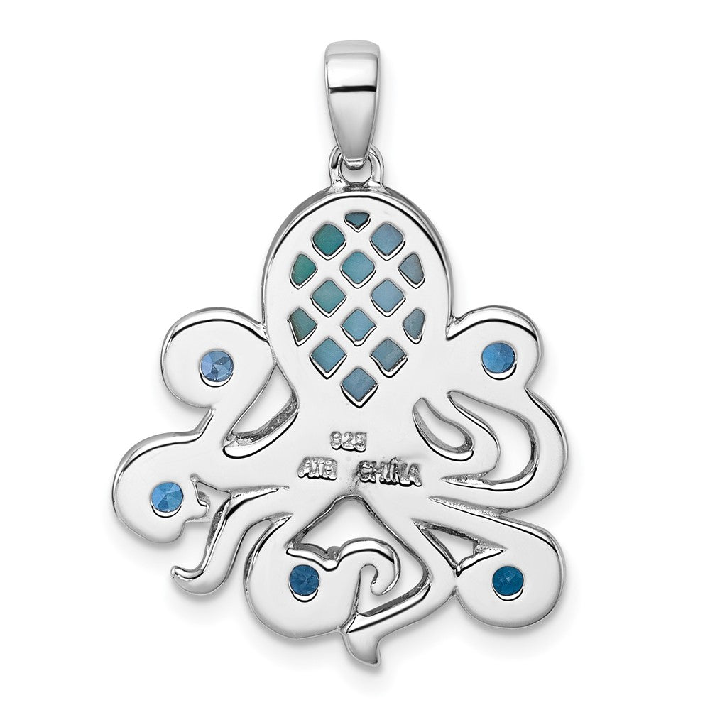 Sterling Silver Rh-Pl Polished .04 Wht Topaz/ .85 Blue Topaz/larimar Octopus Pendant