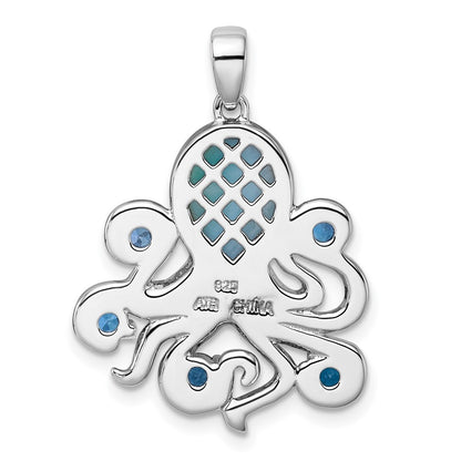 Sterling Silver Rh-Pl Polished .04 Wht Topaz/ .85 Blue Topaz/larimar Octopus Pendant