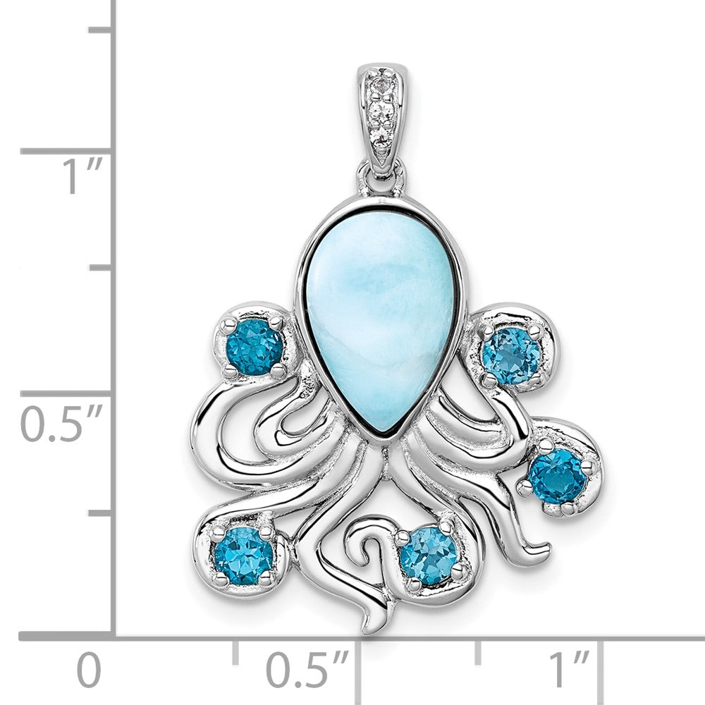 Sterling Silver Rh-Pl Polished .04 Wht Topaz/ .85 Blue Topaz/larimar Octopus Pendant