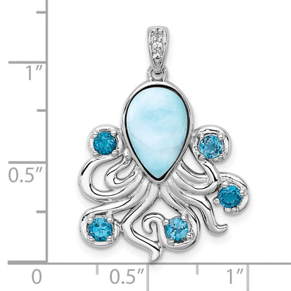 Sterling Silver Rh-Pl Polished .04 Wht Topaz/ .85 Blue Topaz/larimar Octopus Pendant