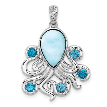 Sterling Silver Rh-Pl Polished .04 Wht Topaz/ .85 Blue Topaz/larimar Octopus Pendant