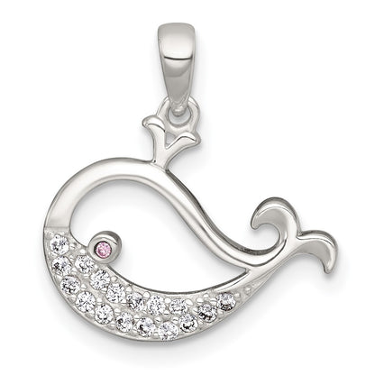 Sterling Silver Polished Pink and White CZ Whale Pendant