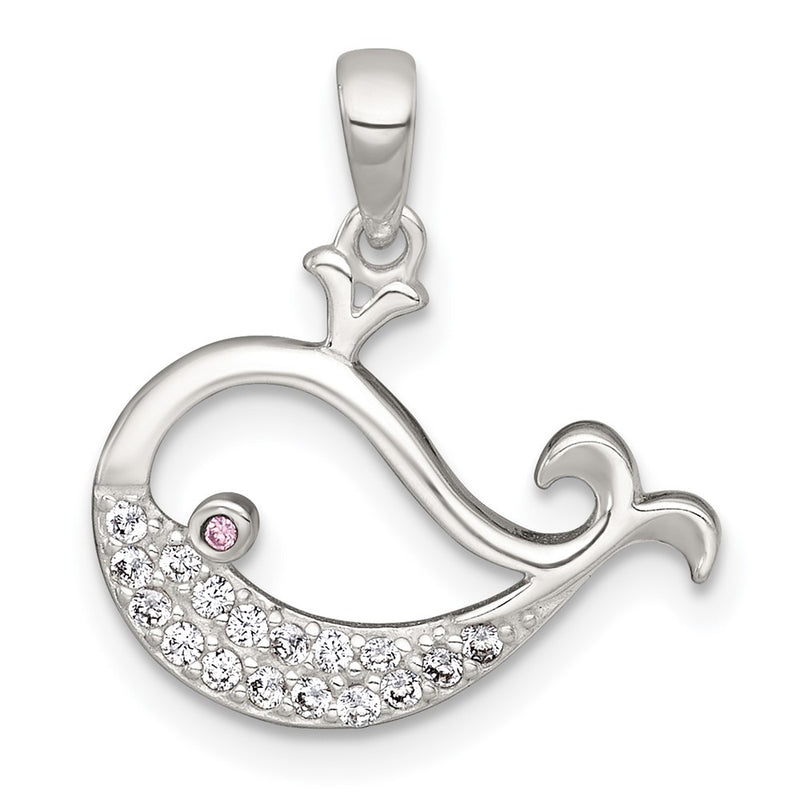 Sterling Silver Polished Pink and White CZ Whale Pendant