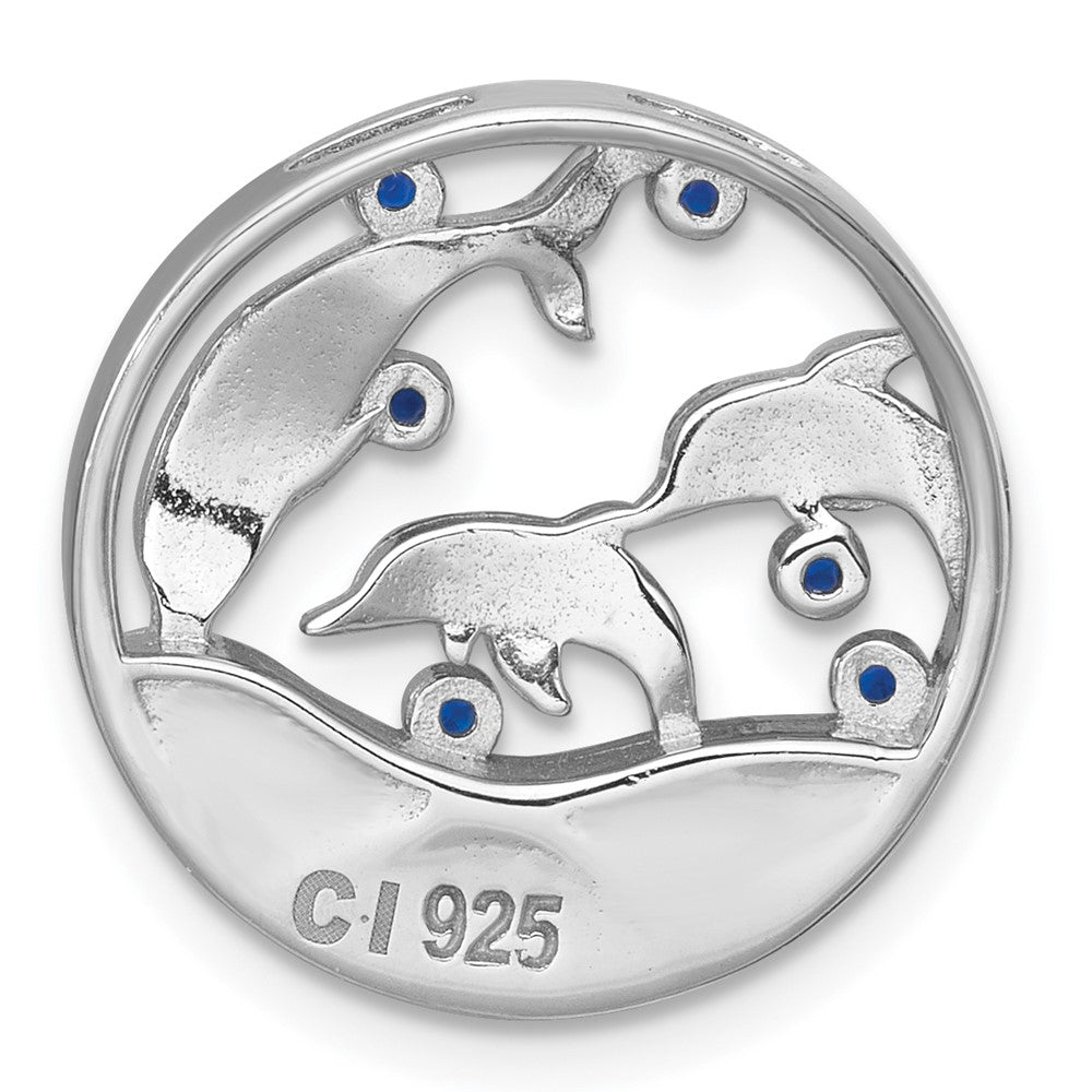 Sterling Silver Rhodium Plated Larimar and Blue CZ Dolphins Chain Slide Pendant