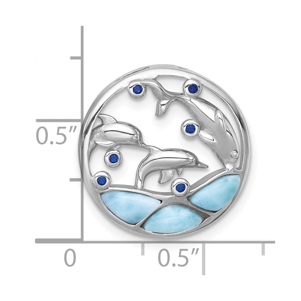 Sterling Silver Rhodium Plated Larimar and Blue CZ Dolphins Chain Slide Pendant