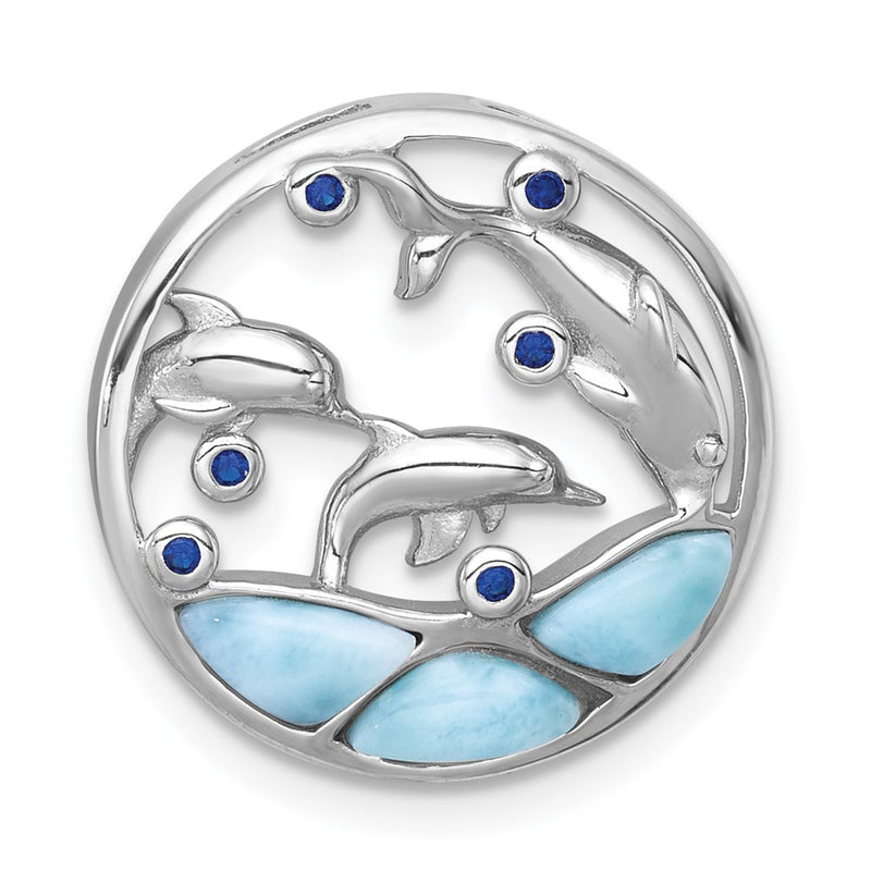Sterling Silver Rhodium Plated Larimar and Blue CZ Dolphins Chain Slide Pendant