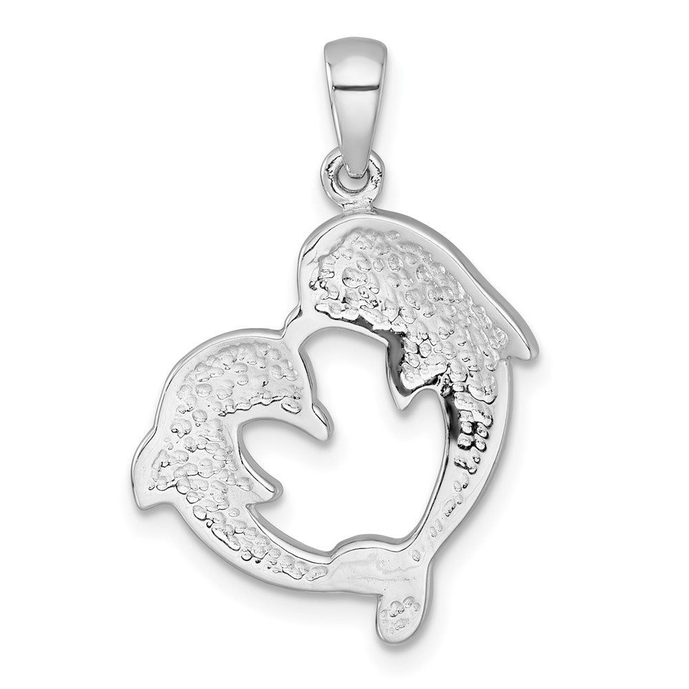 Sterling Silver Rh-Pl Blue Multi Color Crystal Dolphins Heart Shape Pendant