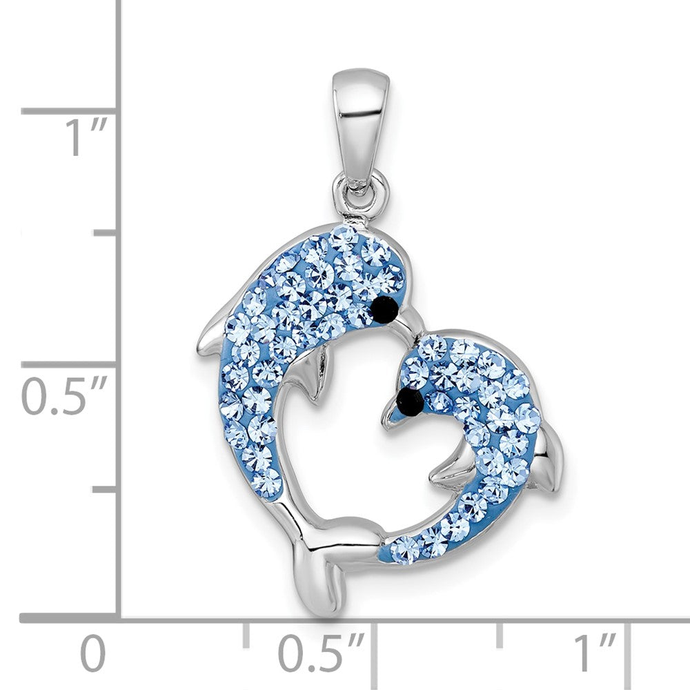 Sterling Silver Rh-Pl Blue Multi Color Crystal Dolphins Heart Shape Pendant
