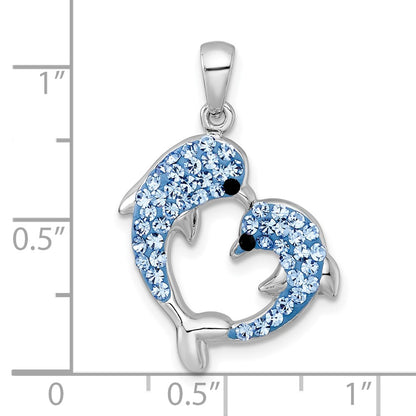 Sterling Silver Rh-Pl Blue Multi Color Crystal Dolphins Heart Shape Pendant