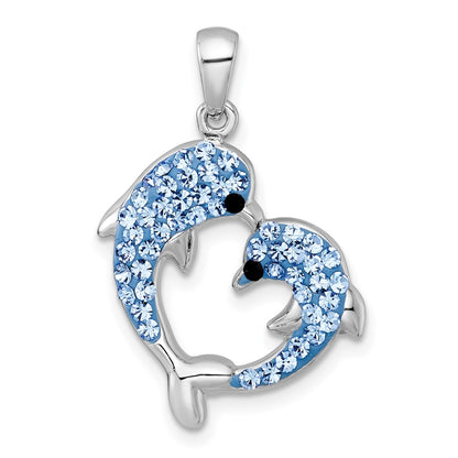 Sterling Silver Rh-Pl Blue Multi Color Crystal Dolphins Heart Shape Pendant