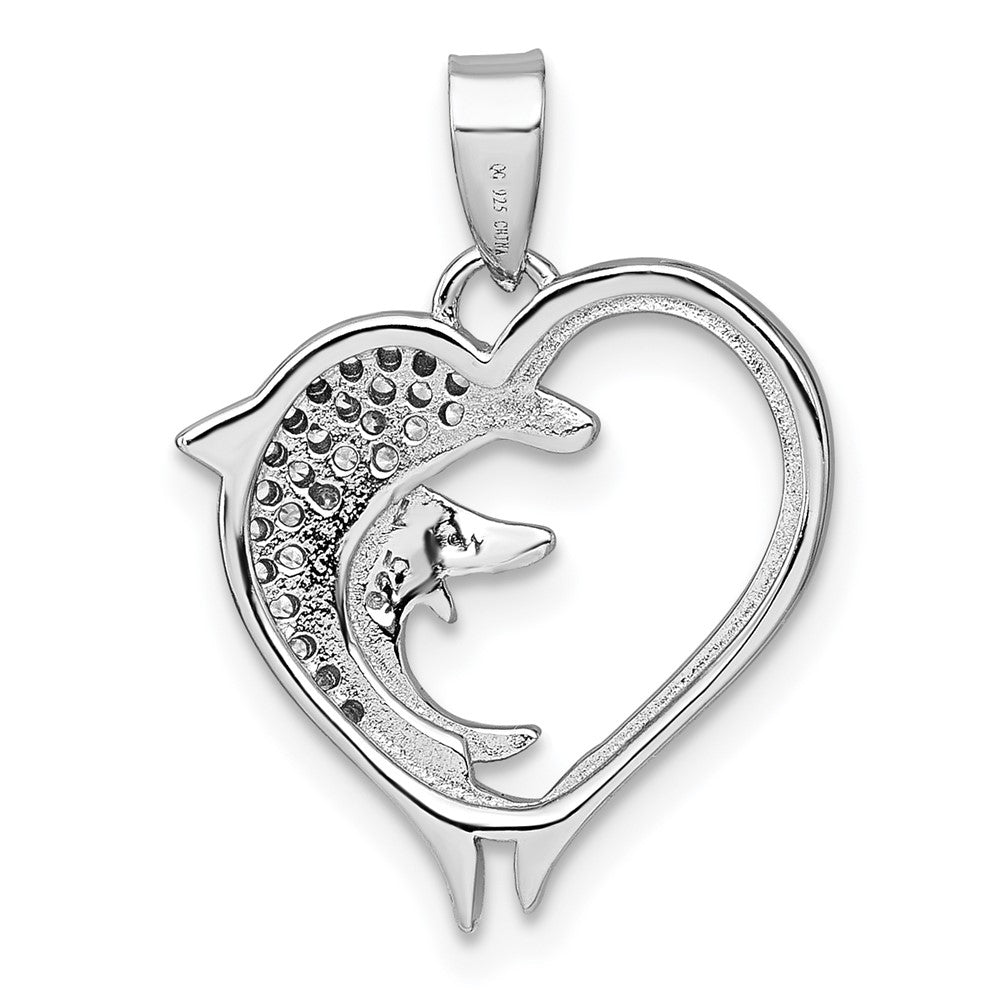 Sterling Silver Rhodium-Plated Polished CZ Dolphins Heart Pendant