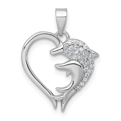 Sterling Silver Rhodium-Plated Polished CZ Dolphins Heart Pendant