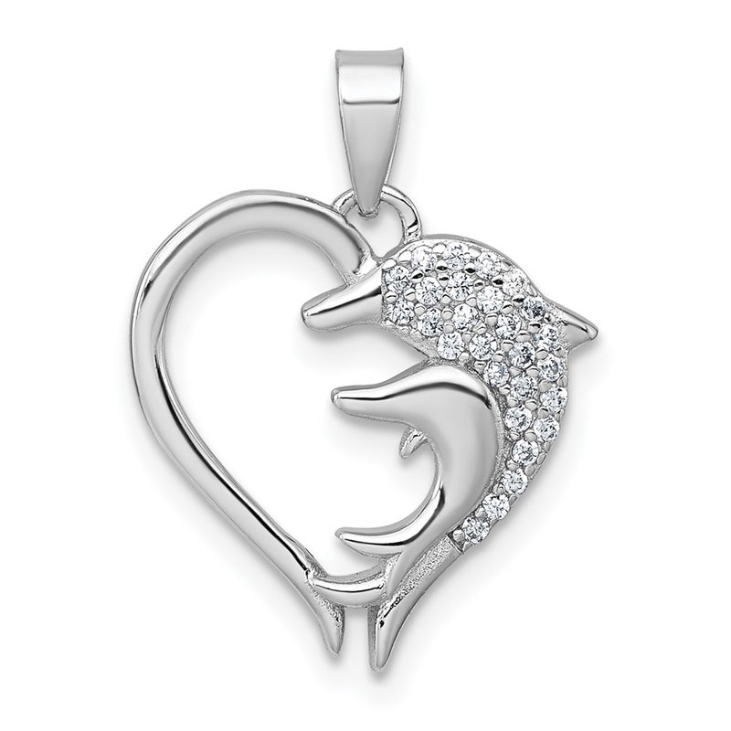 Sterling Silver Rhodium-Plated Polished CZ Dolphins Heart Pendant