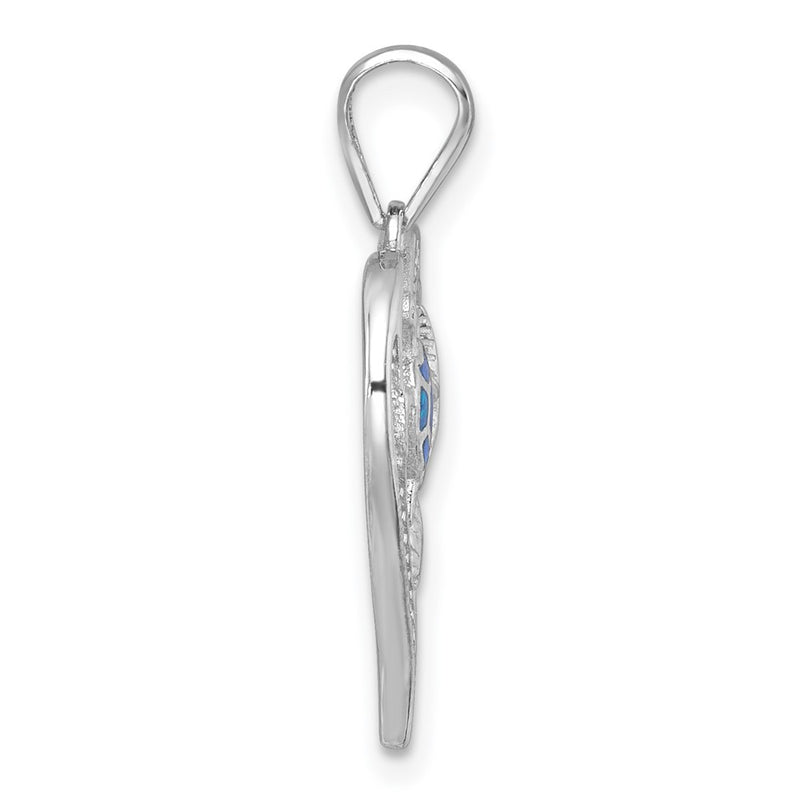 Sterling Silver Rh-Plat Textured Blue Created Opal CZ Sealife Heart Pendant